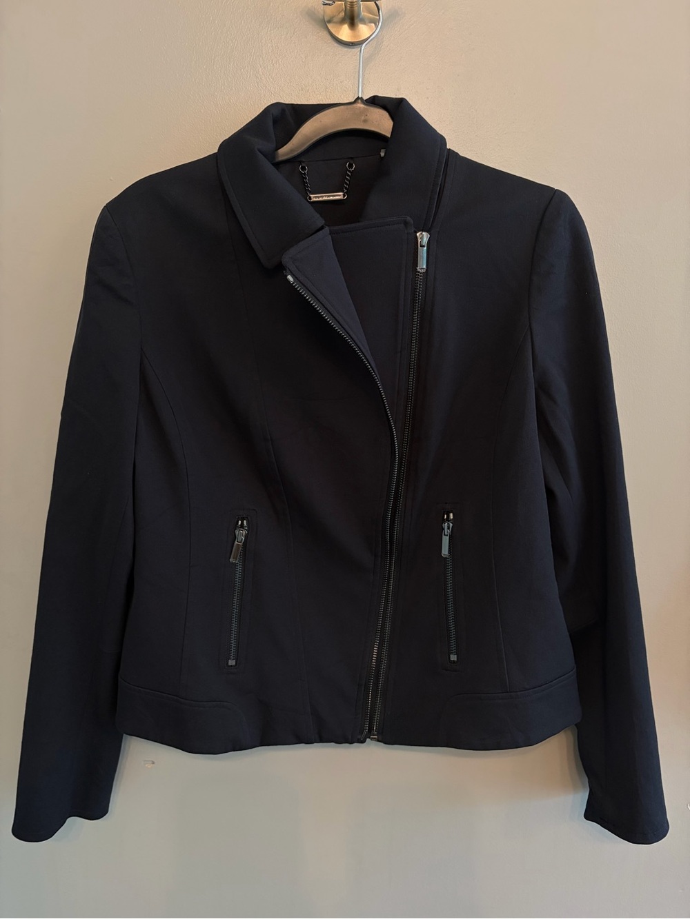 NWOT Elie Tahari asymmetrical black zip knit moto jacket size L